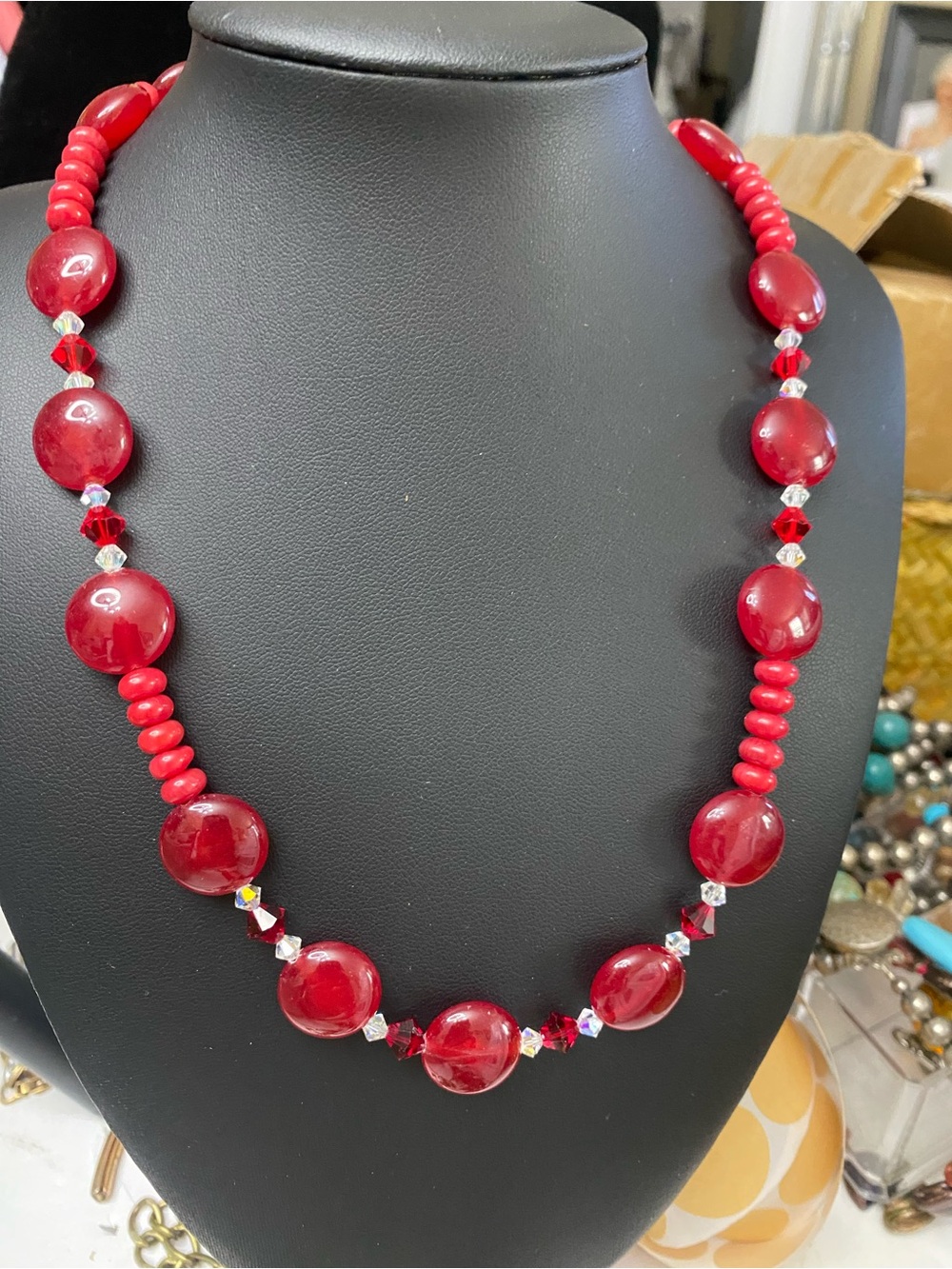 Ruby Red Gemstone, Crystal and Coral Statement Necklace with 925 Toggle Clasp